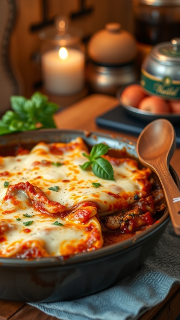 A hearty baked lasagna with melted cheese and meat sauce, garnished with basil in a rustic kitchen.